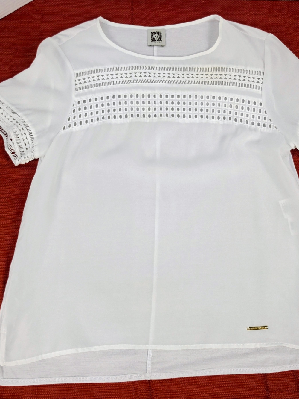Anne Klein White Eyelet Lace-Panel Short Sleeve Blouse